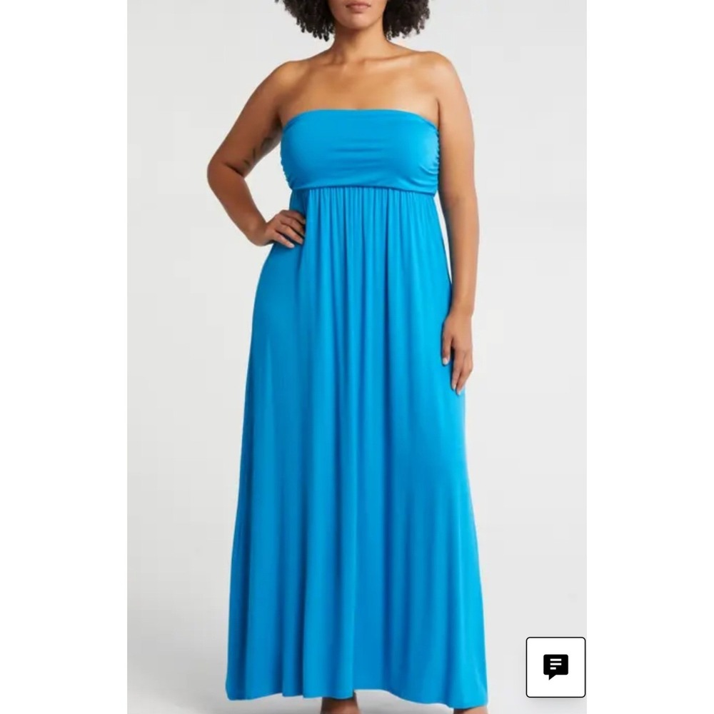 24seven Comfort Apparel Strapless Maxi Dress 2X Blue Empire Waist Stretch